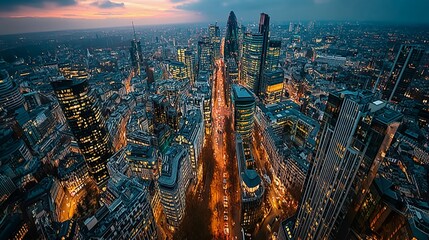 Aerial Sunset Over Modern Smart City Skyscrapers/現代スマートシティの夕暮れ空撮7