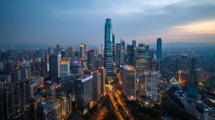 Fototapeta premium Aerial Sunset Over Modern Smart City Skyscrapers/現代スマートシティの夕暮れ空撮8