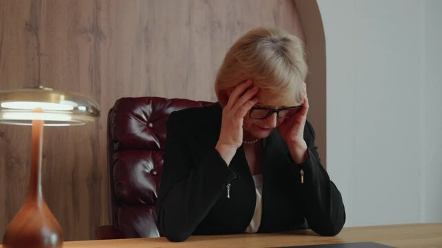 A remote senior business specialist, 60-year-old woman, dramatically throws up her hands and grabs her head in disbelief after a failure. The emotion illustrates frustration in digital work life.