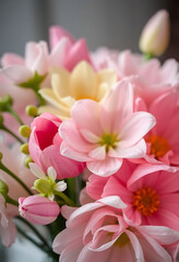 vase filled with pink and yellow flowers