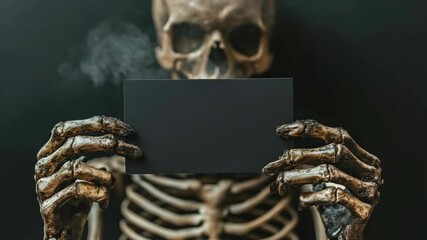 Skeleton holding a blank black card with ribcage, skull, and smoke in background with dark and spooky ambiance perfect for Halloween themes.