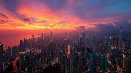 Fototapeta premium Aerial Sunset Over Modern Smart City Skyscrapers/現代スマートシティの夕暮れ空撮11