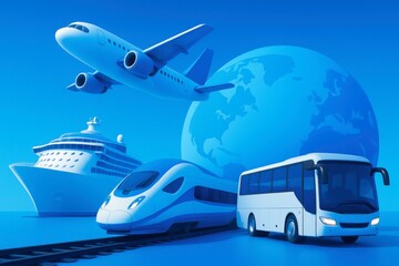 Global transportation scene featuring airplane, train, bus, cruise ship, and modern travel vehicles over a world map for tourism promotion, logistics services, and cross-border transportation.
