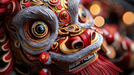 Fototapeta premium Close-up of elaborate lion dance head, festive background, celebration