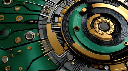 Futuristic Abstract Digital Technology Concept with Circular Gear and Circuit Elements in Gold and Green