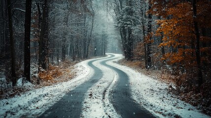 Snowy, winding road through a forest in winter.