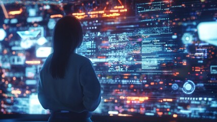 A person stands before a large digital interface filled with data, charts, and futuristic graphics, suggesting advanced technology and data analysis.