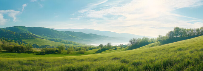 Obraz premium panorama of beautiful countryside of romania. sunny afternoon. wonderful springtime landscape in mountains. grassy field and rolling hills