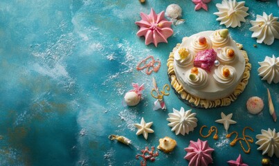 Fototapeta premium Decorative Cake with Colorful Pastry Art on Teal Surface