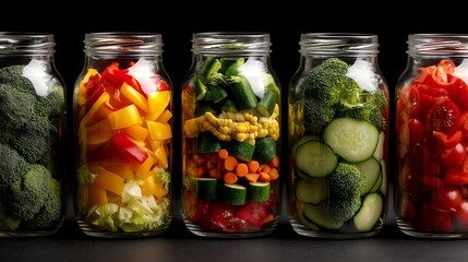 Colorful jars of fresh, preserved vegetables.