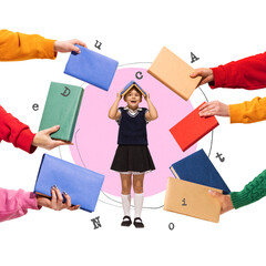 Little girl, elementary school child smiling surrounded by many colorful books held by helping...