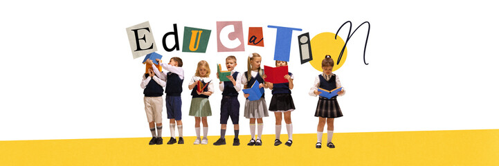 Fototapeta premium Group of elementary school children reading colorful books with playful education letters above. Contemporary art collage. Concept of education, childhood curiosity, imagination, teamwork