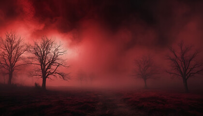 Fototapeta premium Crimson fog-shrouded trees. A dark, eerie landscape bathed in blood-red hues