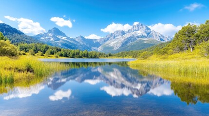 Serene mountain lake reflecting a vibrant sky.  A tranquil alpine landscape with a still lake mirroring the clouds and peaks. 