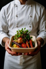 A professional chef in a dark setting holds a beautifully arranged plate of gourmet food in a biodegradable container, with vibrant microgreens and colorful vegetables artfully placed on top.