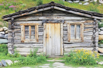 Rustic wooden cabin nestled in a mountain meadow