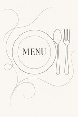 A minimalist, elegant restaurant menu design featuring a close-up shot of a plate, spoon, and fork arranged in a sophisticated manner, with flowing lines surrounding them.