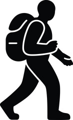 Black and white silhouette of a hiker with backpack walking outdoors adventure illustration