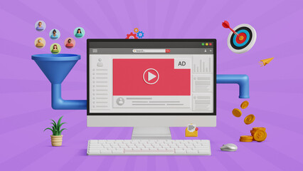 Sales funnel, lead generation, digital marketing conversion. Advertising campaign, online ads and purchase rate concept. Conversion of leads into prospects and customers on a 3D computer