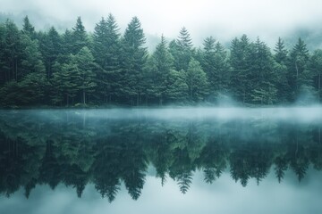 Misty forest lake landscape painting
