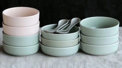 Pastel bowls and spoons neatly stacked
