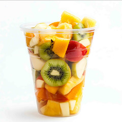 a plastic glass with melon apple kiwi orange pineapple pear salad side view white background
