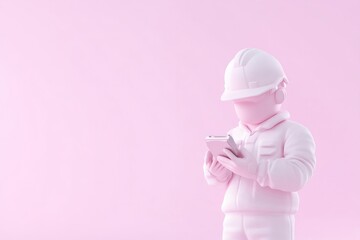 A pale pink figure, wearing a hard hat and overalls, is engrossed in a smartphone