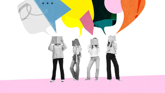 Group of teenagers reading books while colorful speech bubbles float above. Studying, group work. Contemporary art collage. Concept of education, communication, self-expression, creativity