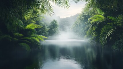 Misty waterfall in lush jungle