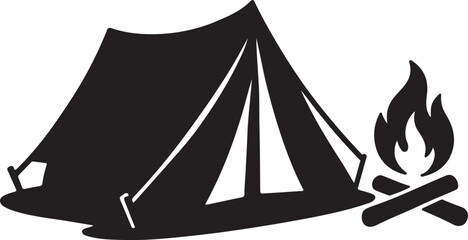 Black silhouette design of tent with campfire vector art illustration