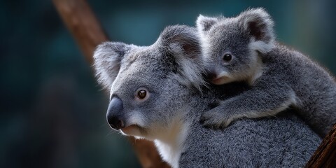 Naklejka premium Mother Koala Carrying Baby Koala, Zoo Environment