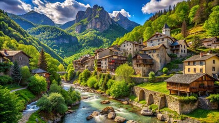 Fototapeta premium Picturesque Village Nestled in a Lush Mountain Valley with a Tranquil River Flowing Through