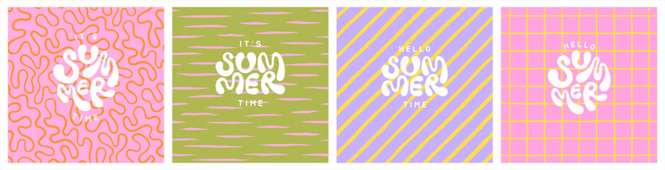 Summer seamless patterns set. Uneven hand drawn diagonal stripes, strokes. Deformed organic lines, grid plaid pattern. Hello it's summer time hand lettering. Doodle geometric groovu square backgrounds
