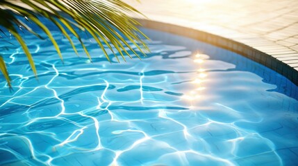 Pool water sparkles with sun, palm leaf detail