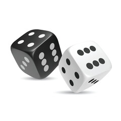 White and black photorealistic 3d cube for games. Dice icon in flight closeup isolated on white background. Vector illustration.