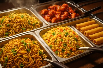 A close-up shot of a vibrant buffet with a variety of Asian dishes.