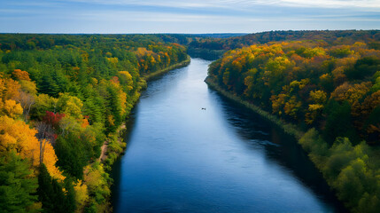 Majestic Autumn River Landscape: Aerial View of Fall Foliage