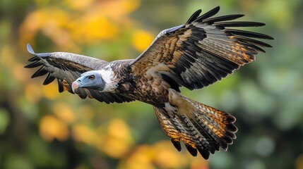 Fototapeta premium A magnificent bird of prey soaring through autumnal foliage.