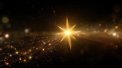 Naklejka premium Golden star-shaped light with glowing particles in cosmic darkness, evoking celestial wonder and mystery 