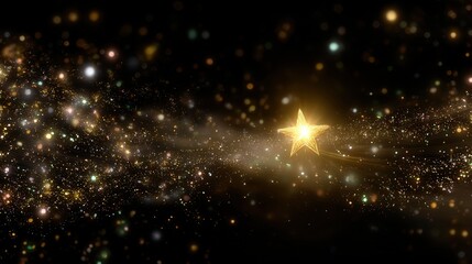 Naklejka premium Golden star-shaped light with glowing particles in cosmic darkness, evoking celestial wonder and mystery 
