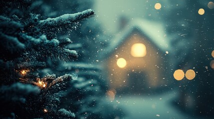 Snowy winter scene of a cozy house with a Christmas tree.