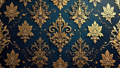 Intricate floral damask wallpaper, elegant gold accents, surface, floral, wallpaper