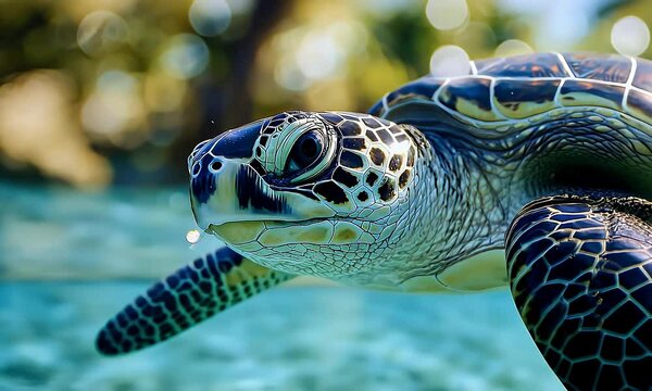 Detailed Portrait of Green Sea Turtle Swimming Underwater in Clear Blue Waters with Bokeh Background