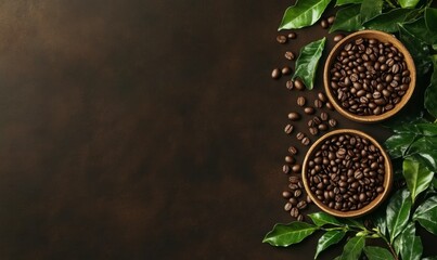 Fototapeta premium Fresh Coffee Beans with Green Leaves on Dark Background
