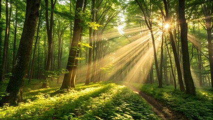 Obraz premium Sunlight streaming through green forest trees with a path leading deeper