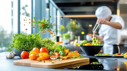 Fresh vegetables in a modern kitchen. Chef preparing a healthy salad