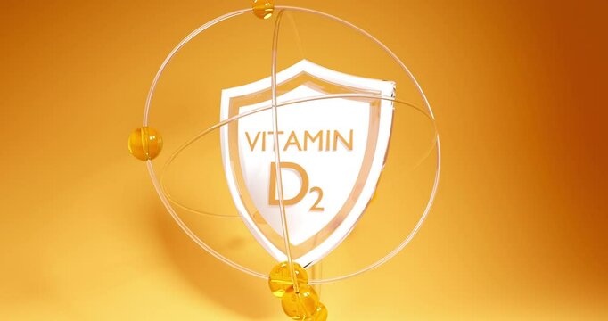 Vitamin d2 symbol on shield with orbits and electrons spinning around, Ergocalciferol 3d rendering on orange background