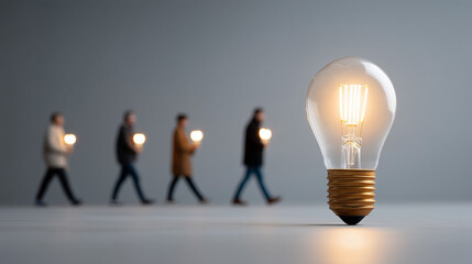 Illuminating Innovation: A luminous light bulb stands boldly, casting a radiant glow as others follow. The scene underscores the essence of ingenuity and the dissemination of new ideas.