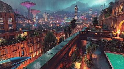 Obraz premium Futuristic Cityscape with Rooftop Pool and Rain
