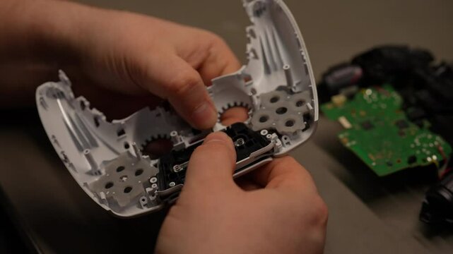 Close-up top view of technician hands assembling video game controller after repairing , showcasing intricate internal components and precision involved in process. Shooting in slow motion.
